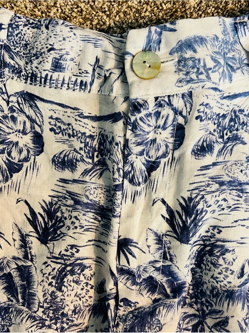 White & Navy Tropical Print Wide Leg Linen Cropped Pants - Picture 3 of 7